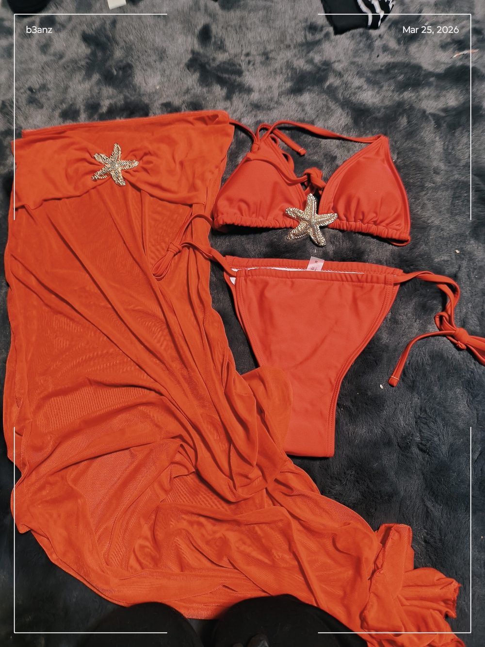 SHEIN Red Starfish Accent Triangle Bikini Set with Cover-Up